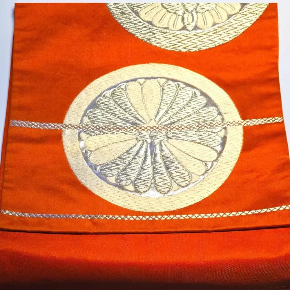 VTG Japanese Silk Fukuro Obi Vermilion Orange Gold Brocade  Kimono Sash 164